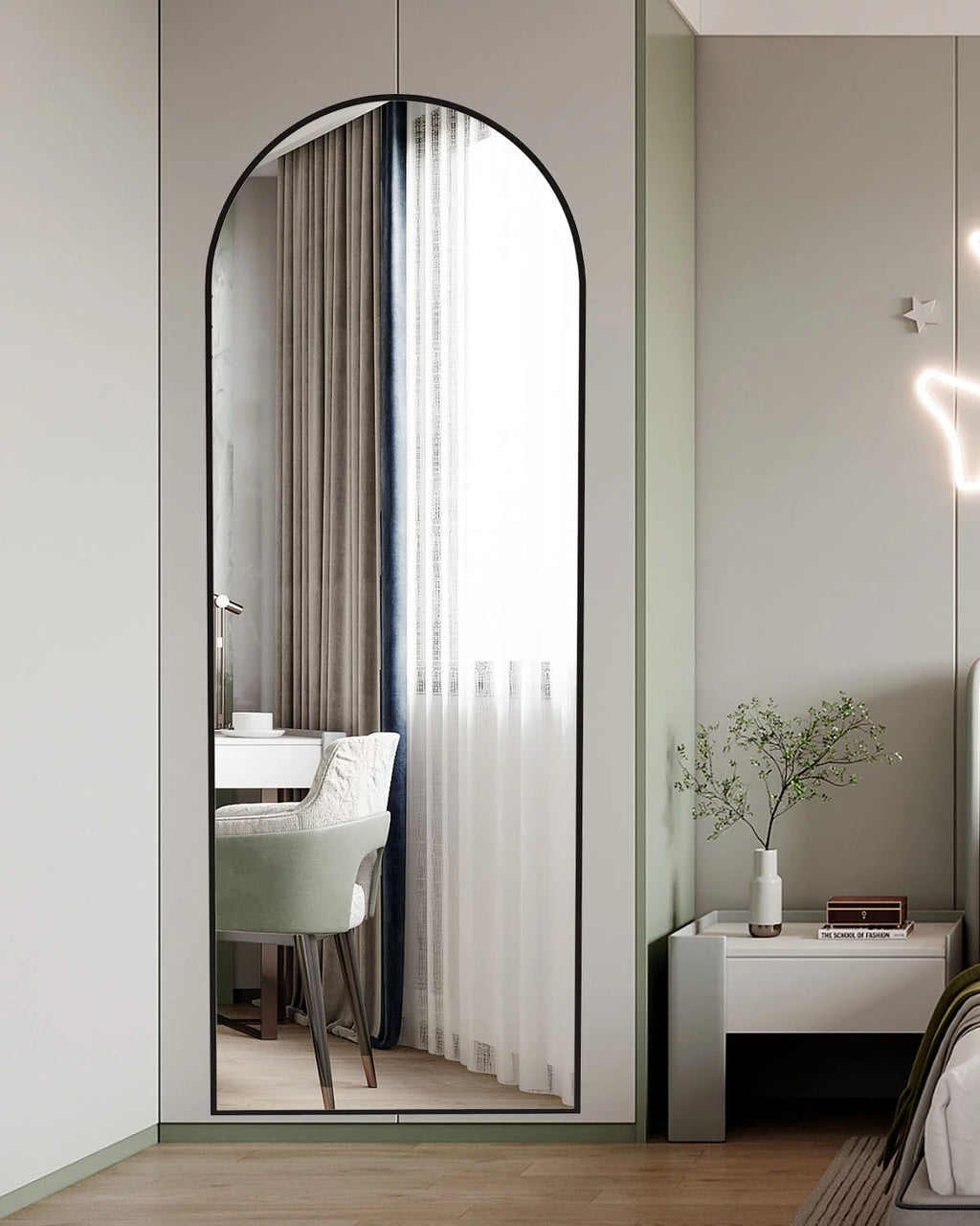Arched Full Length Floor Mirror with Stand, 64" x 21", Black F95771
