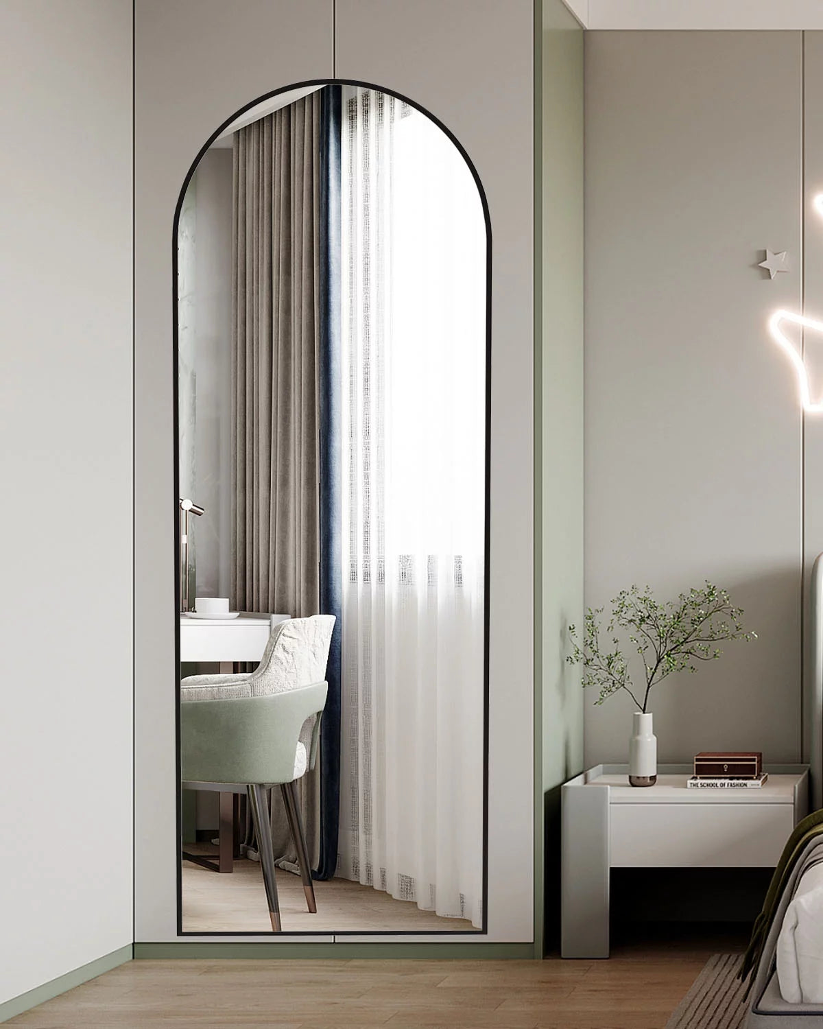 Arched Full Length Floor Mirror with Stand, 64" x 21", Black F95771