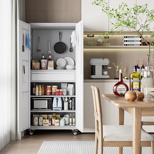 Metal Storage Cabinet with Wheels, 73" H, Locking Doors and Adjustable Shelves A1751