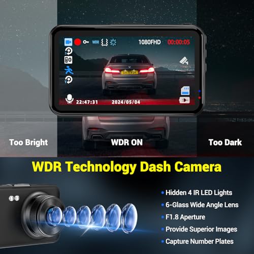 Dash Cam 1080P FHD with 32GB Card, Night Vision, 170° Wide Angle V8397