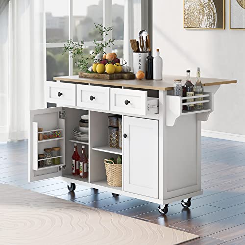 Large Kitchen Island with Drop Leaf, Rolling Cart, Power Outlet and Storage A3211