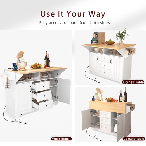 Large Kitchen Island with Drop Leaf, Rolling Cart, Power Outlet and Storage A3211