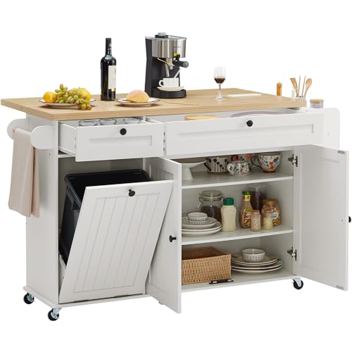 Kitchen Island with Power Outlet & Drop Leaf, Rolling Cart with Storage J137407