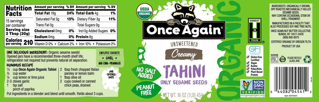 Organic Unsweetened Tahini Creamy Sesame Seed, 16 oz Pack of 4 K901385