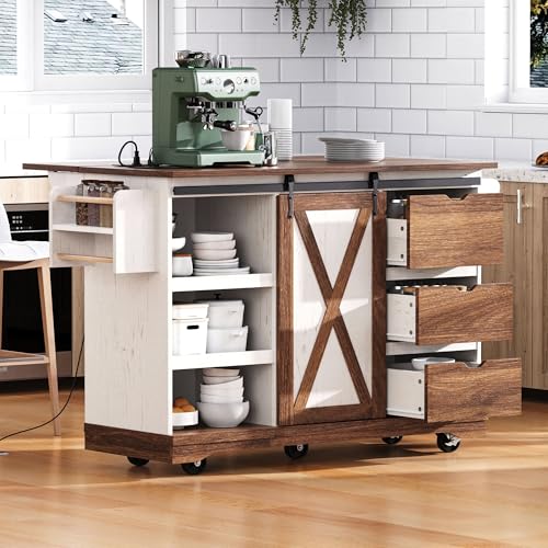 Farmhouse Kitchen Island with Drop Leaf, Barn Door and Power Outlet C3058