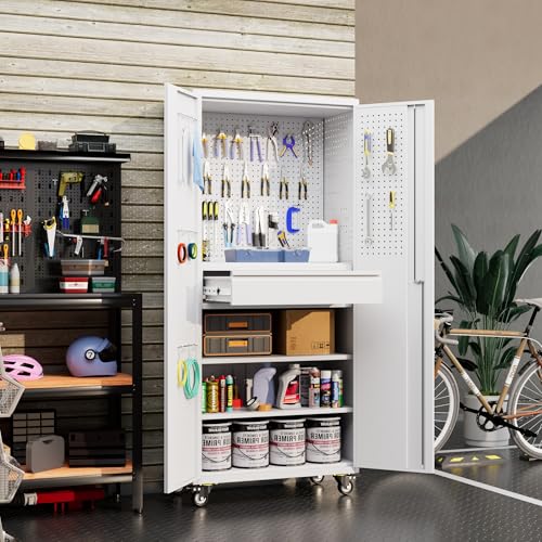 Metal Storage Cabinet with Wheels, 73" H, Locking Doors and Adjustable Shelves A1751