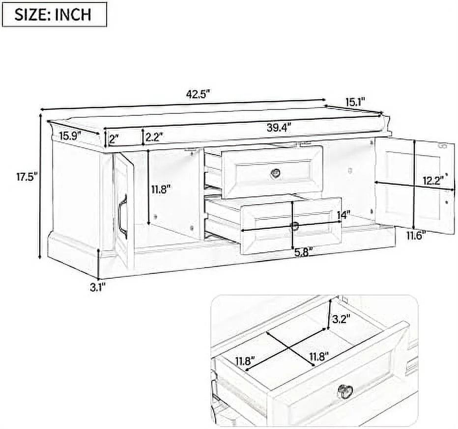 Solid Wood Shoe Bench with 3 Doors and Removable Cushion P521