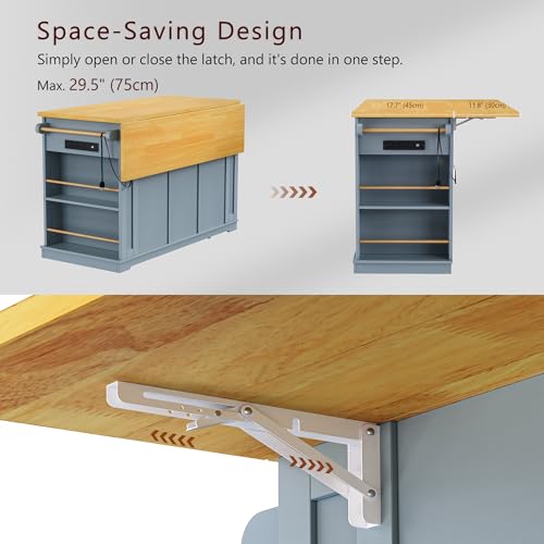 Large Kitchen Island with Drop Leaf, Rolling Cart, Power Outlet and Storage A3211
