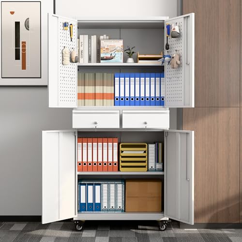 Metal Storage Cabinet with Wheels, 73" H, Locking Doors and Adjustable Shelves A1751