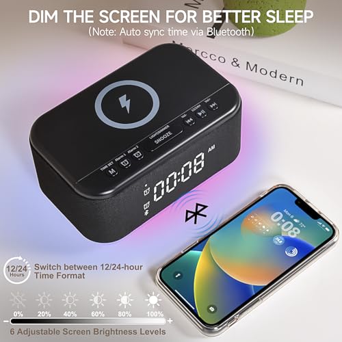 Wireless Charging Alarm Clock Speaker with Bluetooth, Dimmable Night Light K3994