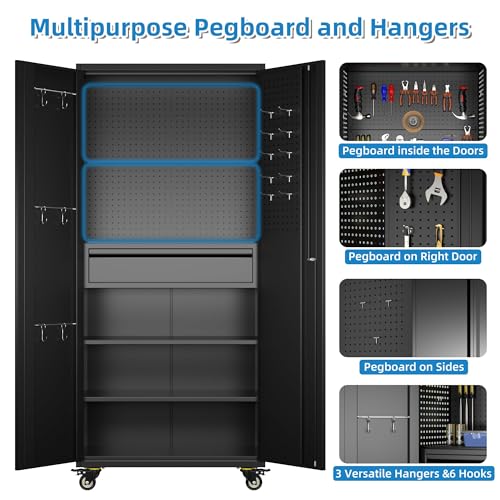 Metal Storage Cabinet with Wheels, 73" H, Locking Doors and Adjustable Shelves A1751