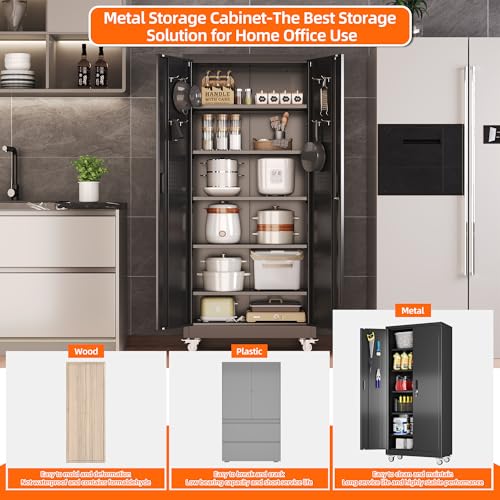 Metal Storage Cabinet with Wheels, 73" H, Locking Doors and Adjustable Shelves A1751