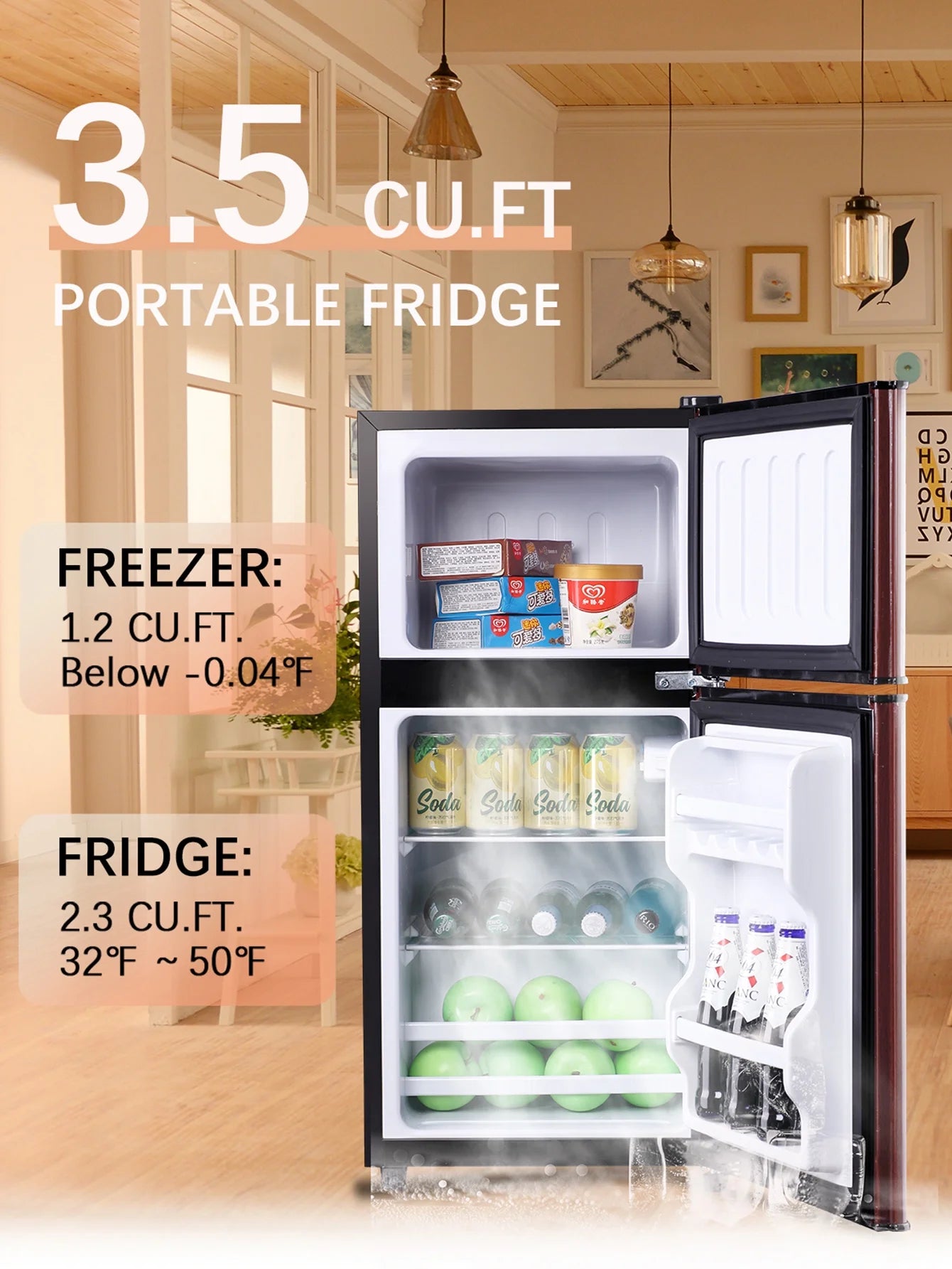 Mini Fridge with Freezer, 3.5 Cu.ft, Compact for Dorm or Office L605