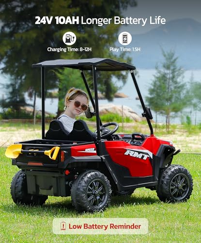 24V Ride on Car 2 Seater with Sun Shade, Dump Bed, 4WD, Pink S782676