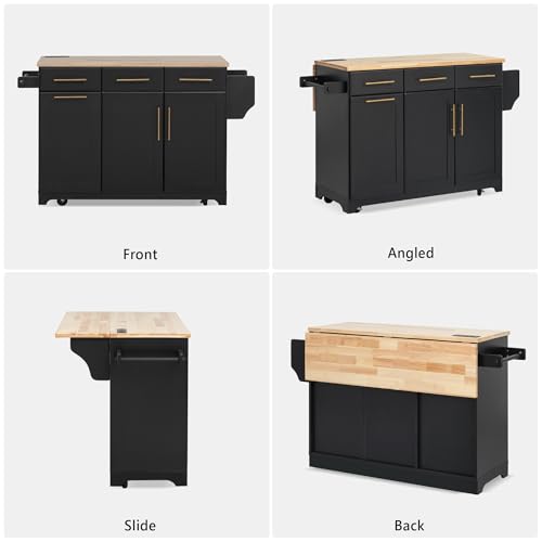 Farmhouse Kitchen Island with Drop Leaf, Barn Door and Power Outlet C3058