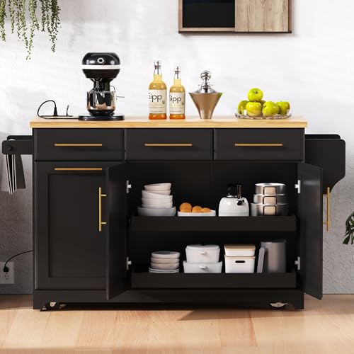Farmhouse Kitchen Island with Drop Leaf, Barn Door and Power Outlet C3058