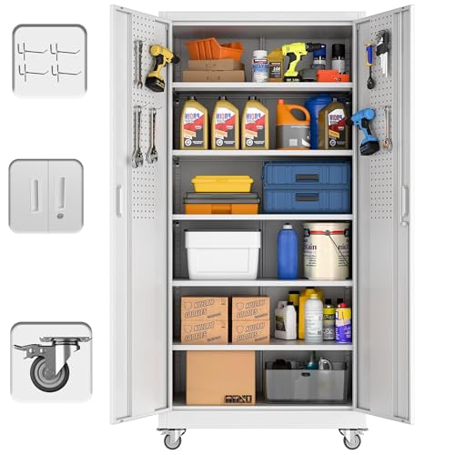 Garage Storage Cabinet with Wheels, 72" H, 2 Doors, 4 Adjustable Shelves, Black R4307
