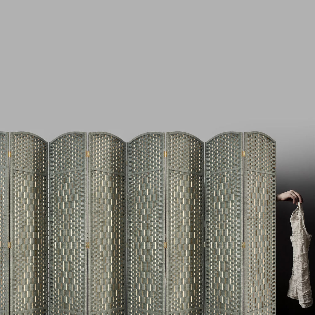 5.7ft Wood Fiber Woven Room Divider 8 Panels, Foldable Grey M77769