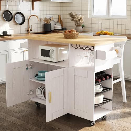 Rolling Kitchen Island Cart with Drop Leaf Countertop and Storage S311