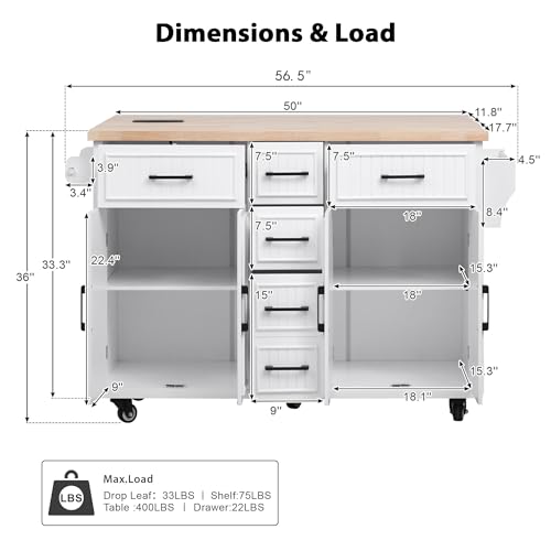 Rolling Kitchen Island Cart with Drop Leaf, Power Outlet, and 5 Open Shelves L877625