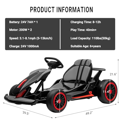 Kids Go Kart, 24V Electric Drift Car, 2-Speed Ride On Toy for Boys Girls 6+ V958