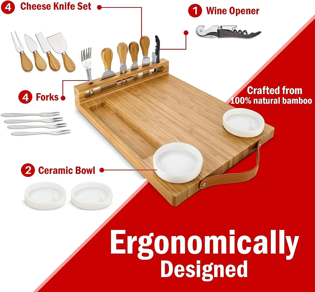 Bamboo Charcuterie Board with Knife Set and Ceramic Bowls R21946