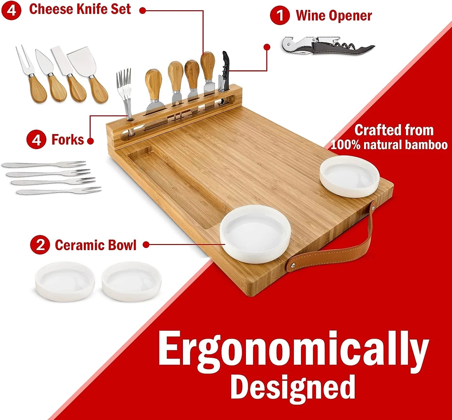 Bamboo Charcuterie Board with Knife Set and Ceramic Bowls R21946