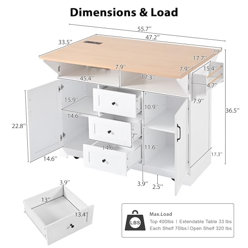 Large Kitchen Island with Drop Leaf, Rolling Cart, Power Outlet and Storage A3211