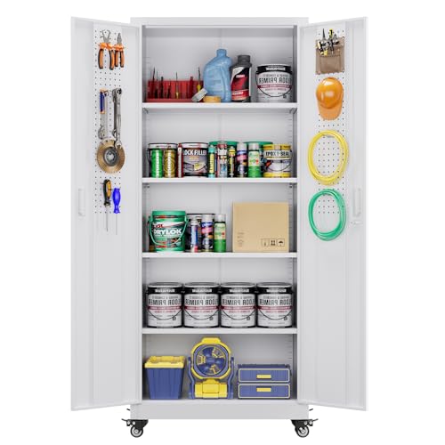 Metal Storage Cabinet with Wheels, 73" H, Locking Doors and Adjustable Shelves A1751