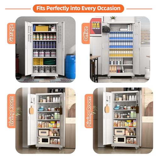 Metal Storage Cabinet with Wheels, 73" H, Locking Doors and Adjustable Shelves A1751