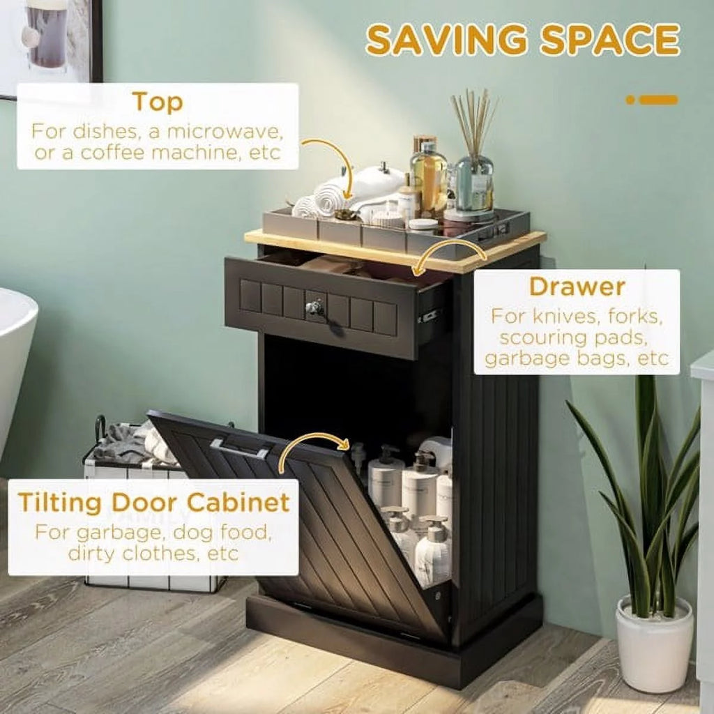 Tilt Out Trash Bin Cabinet with Drawer, Freestanding Laundry Sorter X246