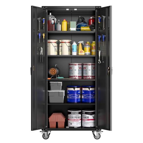 Metal Storage Cabinet with Wheels, 73" H, Locking Doors and Adjustable Shelves A1751