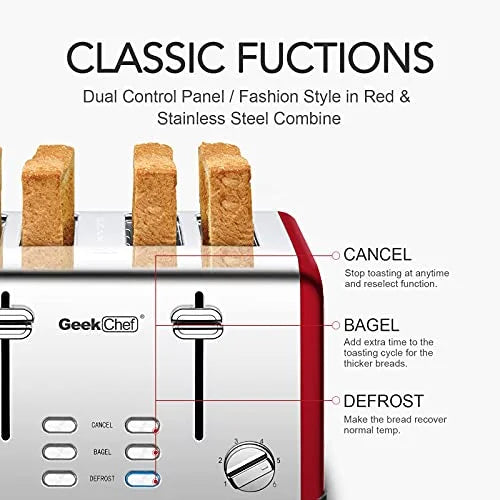 4 Slice Extra Wide Slots Toaster, Stainless Steel, Red L32080