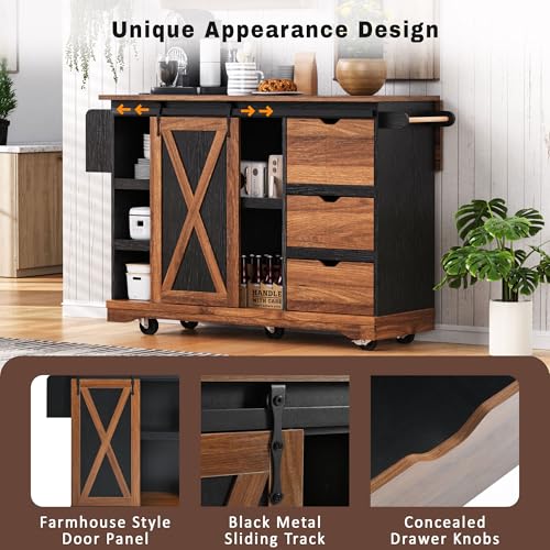 Farmhouse Kitchen Island with Drop Leaf, Barn Door and Power Outlet C3058