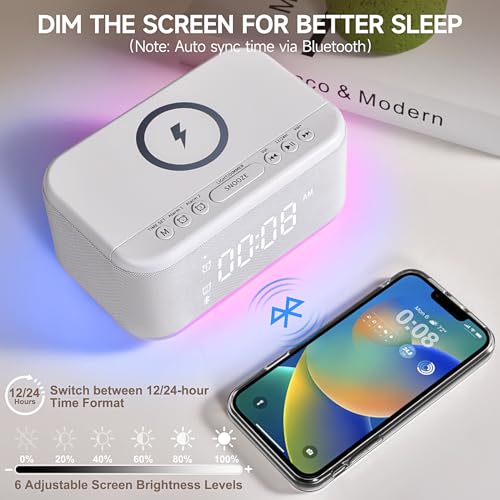 Wireless Charging Alarm Clock Speaker with Bluetooth, Dimmable Night Light K3994
