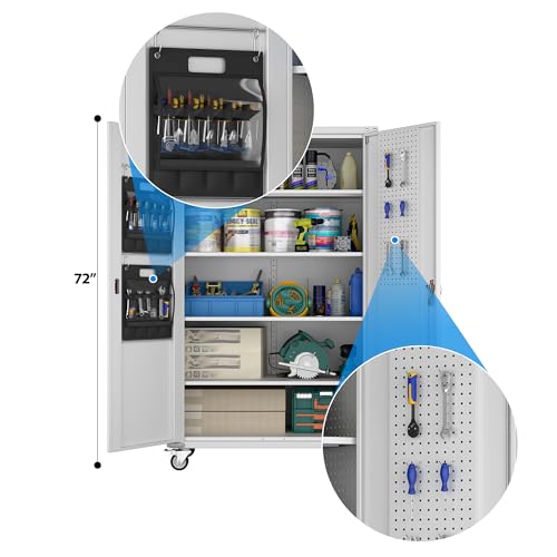 Garage Storage Cabinet with Wheels, 72" H, 2 Doors, 4 Adjustable Shelves, Black R4307