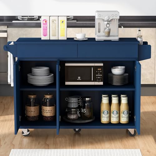Large Kitchen Island with Drop Leaf, Rolling Cart, Power Outlet and Storage A3211