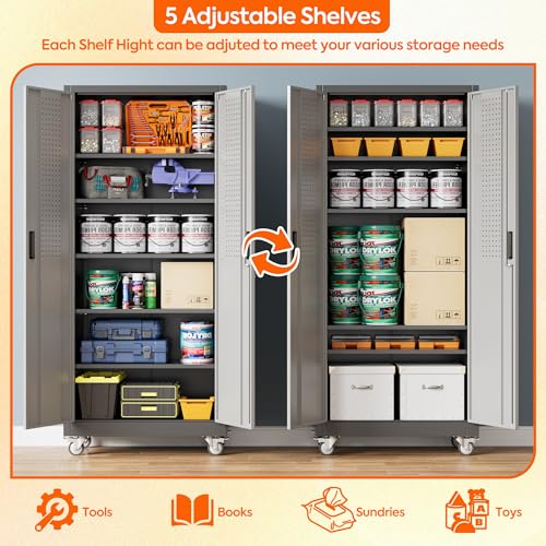Metal Storage Cabinet with Wheels, 73" H, Locking Doors and Adjustable Shelves A1751