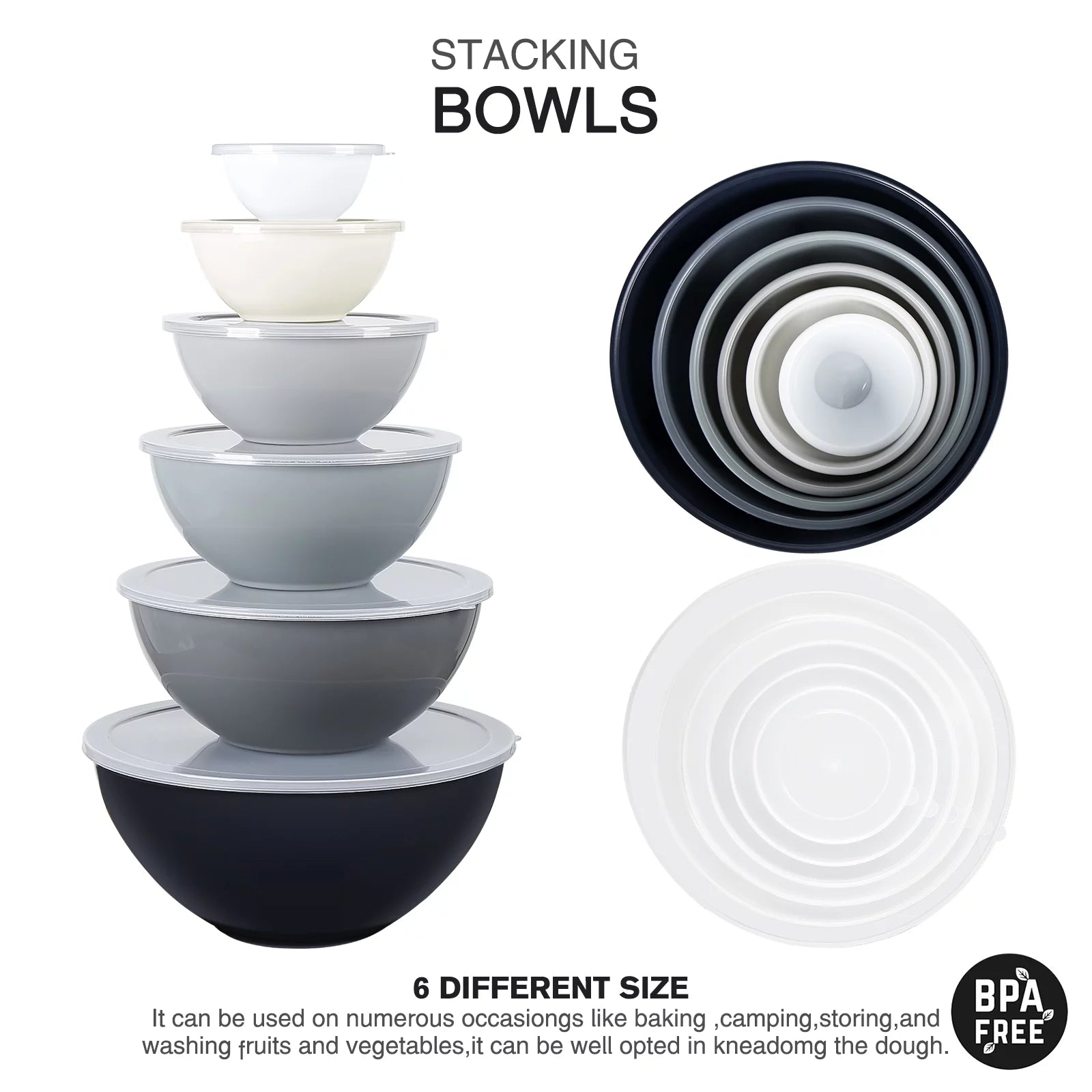 Mixing Bowls with Lids - 12 Piece Plastic Nesting Bowls Set U846