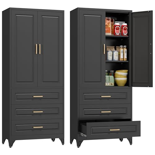 Tall Kitchen Storage Cabinet with Doors and Adjustable Shelves, Black Freestanding Cupboard J20442