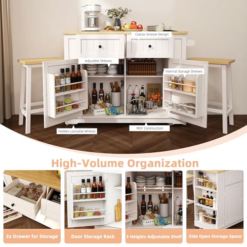 Rolling Kitchen Island Cart with Drop Leaf, Power Outlet, and 5 Open Shelves L877625