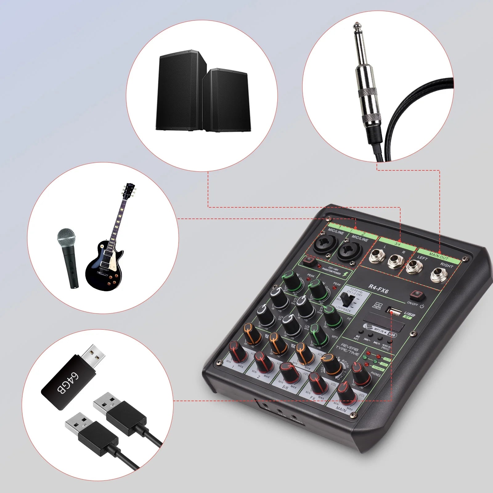 USB Audio Mixer with Bluetooth MP3 Player, 6 Channel Sound Console Q2263