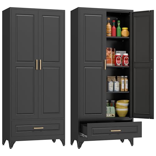 Tall Kitchen Storage Cabinet with Doors and Adjustable Shelves, Black Freestanding Cupboard J20442