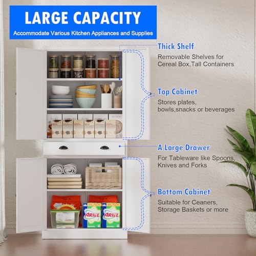 Tall Kitchen Storage Cabinet with Doors and Adjustable Shelves, Black Freestanding Cupboard J20442