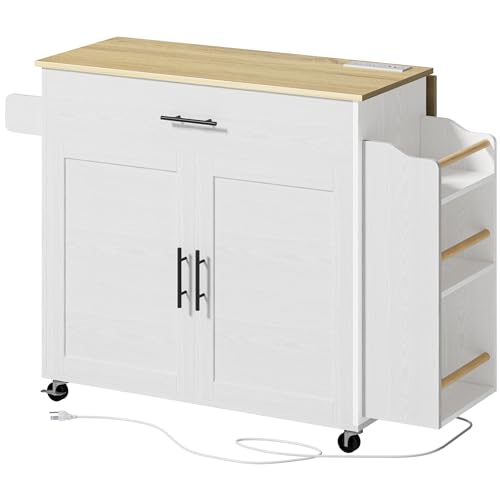 Kitchen Island with Storage, Rolling Cart with Drop Leaf and Charging Station H331