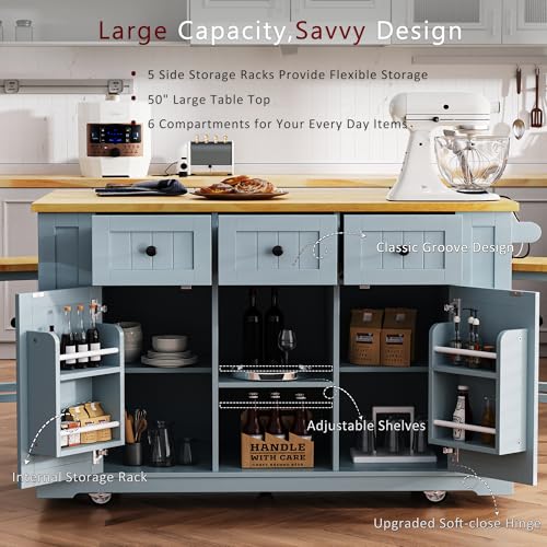 Large Kitchen Island with Drop Leaf, Rolling Cart, Power Outlet and Storage A3211