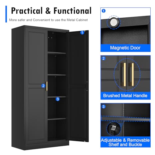 Tall Kitchen Storage Cabinet with Doors and Adjustable Shelves, Black Freestanding Cupboard J20442