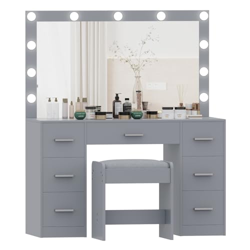 Vanity Desk with Stool, Lighted Mirror, 3 Color Lighting Modes, Dressing Table with Drawers U774924