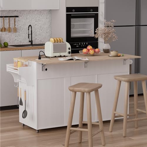 Kitchen Island on Wheels with Storage, Drop Leaf and Power Outlet I19403