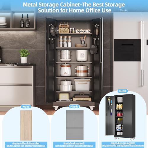 Garage Storage Cabinet with Wheels, 72" H, 2 Doors, 4 Adjustable Shelves, Black R4307